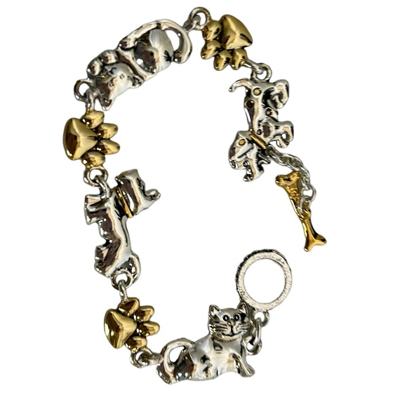 Dog and Cat Lover Bracelet Gold and Silver Tone Link Vintage 80s Premier Designs - Picture 5 of 6